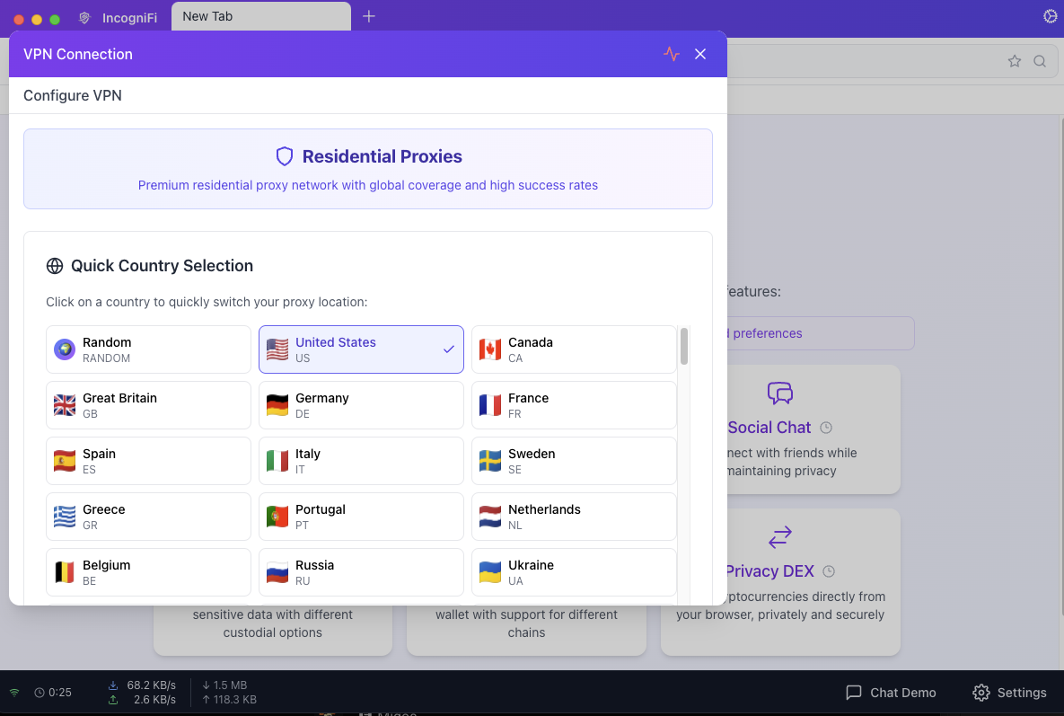 IncogniFi VPN Picker Interface
